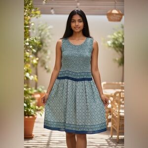 Max Studio Blue and White Sleeveless Patterned Midi Dress